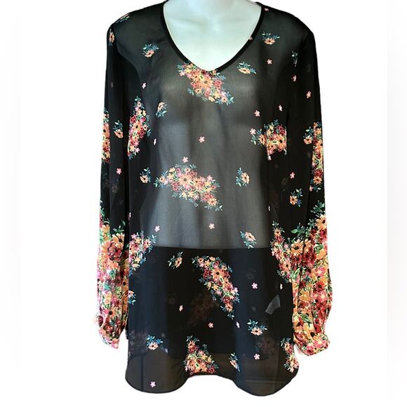 Cabi Womens Medium Black Sheer V Neck Long Sleeve Top with Floral Print - Picture 1 of 9